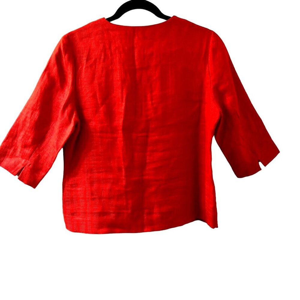 PENDLETON Blouse Womens Petite 8 Red Linen Pullover V Neck Gray Trim 3/4 Sleeve - Picture 5 of 13